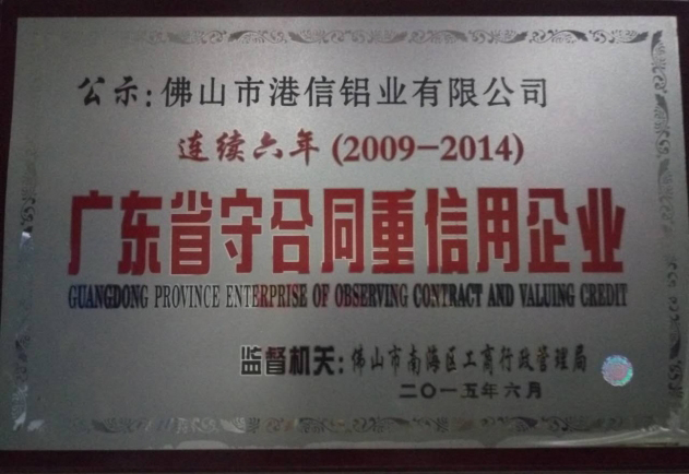 2009至2014年廣東省守合同重信用企業(yè)